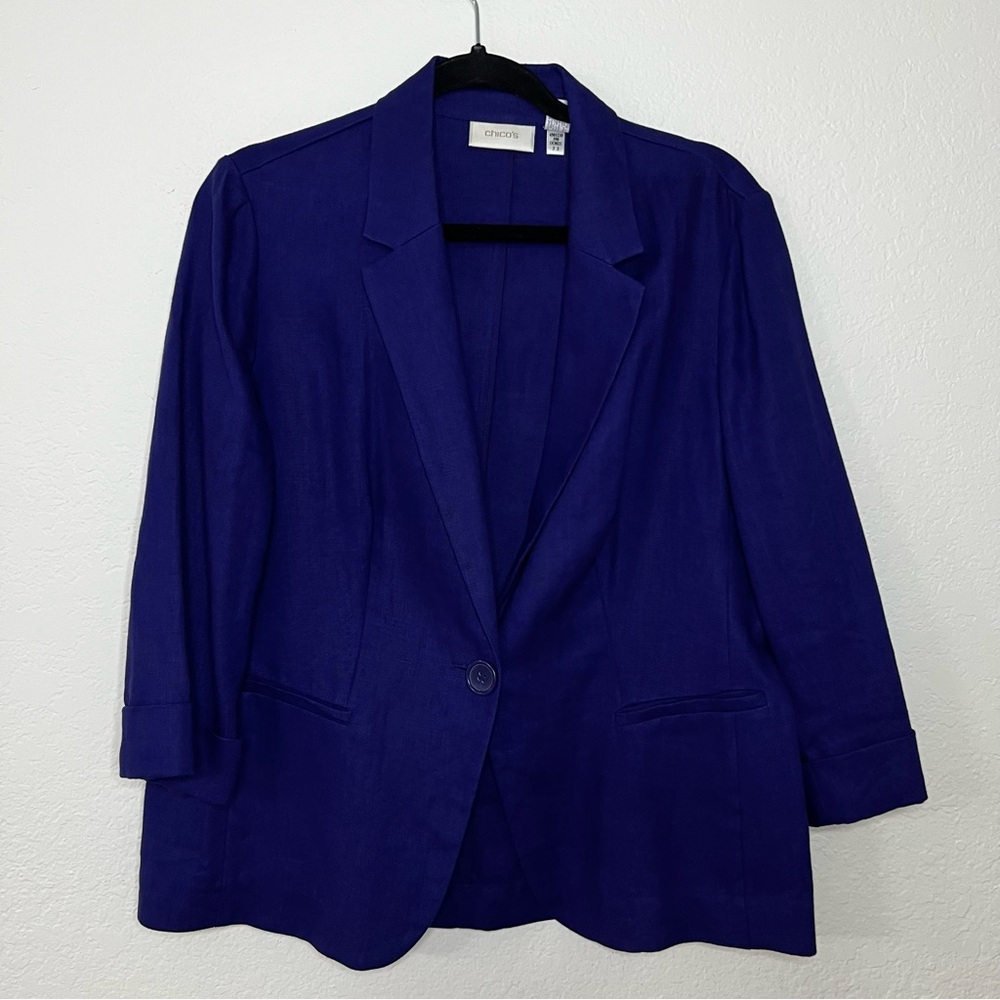 Chico’s Blazer Jacket Size 1 Medium 8‎ Blue Purple 100% Linen Jacket 3/4 Sleeve